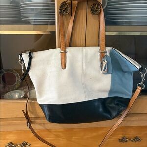 Coach Two-Tone Leather Tote in Black and Cream